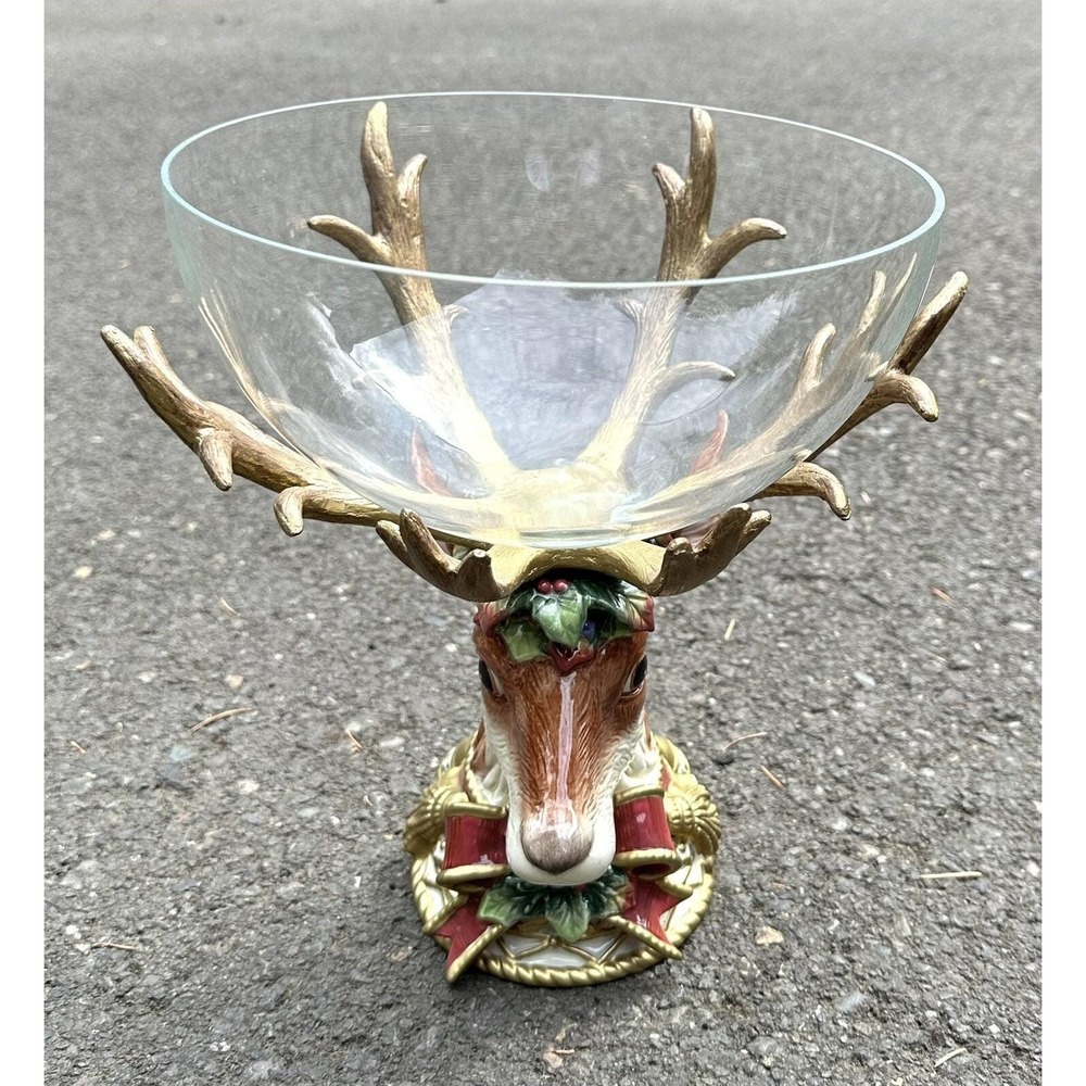 Fitz and Floyd Christmas Deer Centerpiece With Glass Bowl